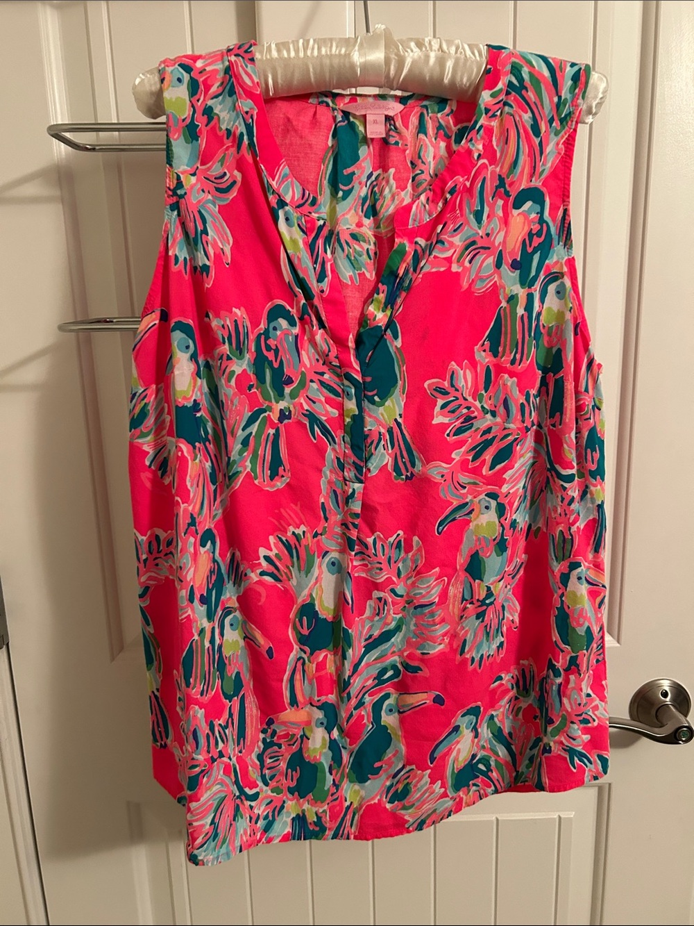 Lilly Pulitzer Hot Pink Tropical Parrot V-Neck Sleeveless Top